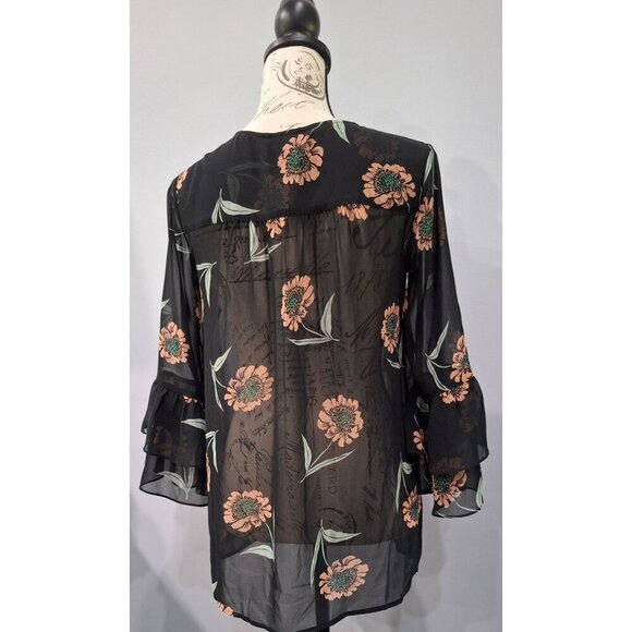 EUC Cabi La Di Da Black Sheer Floral Ruffle-Sleeve Button-Up Blouse/XS - Picture 3 of 7